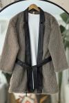 Deri kemerli Sakallı kimono Vizon TB8032