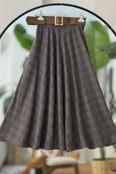 Deri kemerli Yandan fermuarlı ekose Kiloş Etek Kahve BK9532