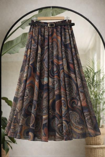 Deri kemerli astarlı şifon etek Lacivert UMS50343