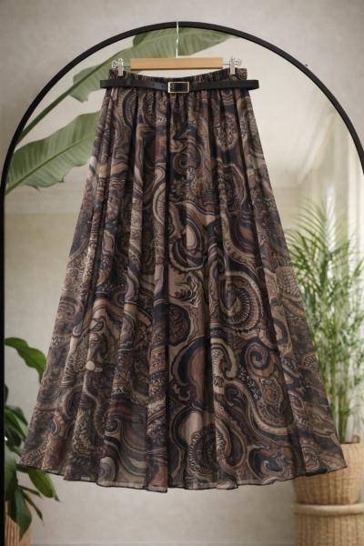 Deri kemerli astarlı şifon etek Kahve  UMS50343