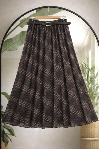 Deri kemerli astarlı asimetrik desenli şifon etek Kahverengi UMS50344