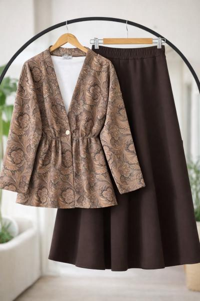 Desenli ceket Kiloş Etek Takım Kahve BK9538