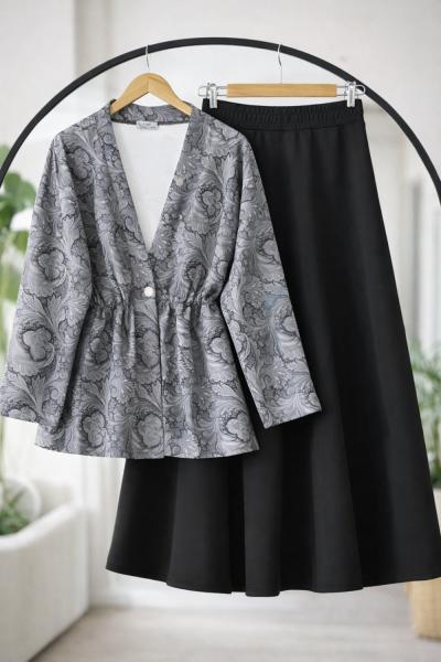 Desenli ceket Kiloş Etek Takım Bordo BK9538