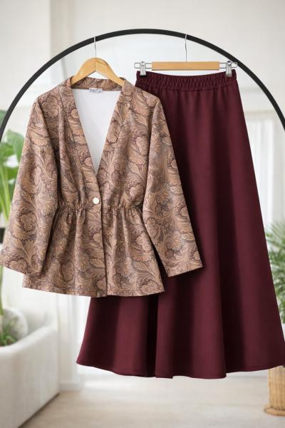 Desenli ceket Kiloş Etek Takım Bordo  BK9538