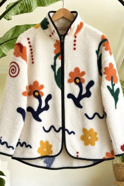 Desenli Fermuarlı Peluş Ceket Ekru YR9132