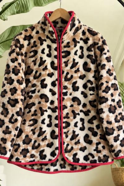 Desenli Fermuarlı Peluş Ceket Leoparlar YR9132
