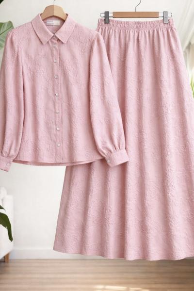 Desenli jakarlı etek gömlek takım Pembe UMS50346