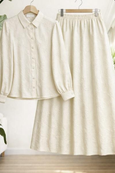 Desenli jakarlı etek gömlek takım Ekru  UMS50346