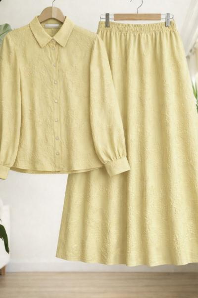 Desenli jakarlı etek gömlek takım Sarı  UMS50346