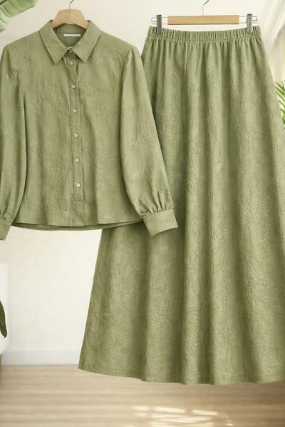 Desenli jakarlı etek gömlek takım Yeşil UMS50346