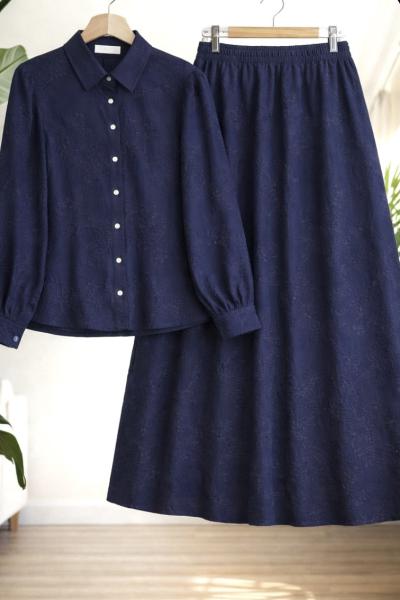 Desenli jakarlı etek gömlek takım Lacivert UMS50346