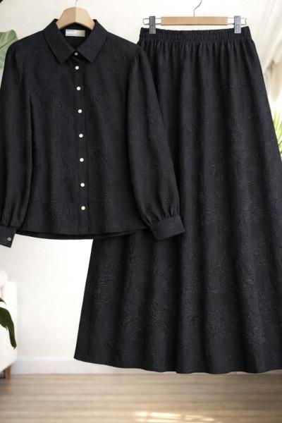 Desenli jakarlı etek gömlek takım Siyah  UMS50346