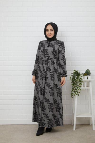 Desenli Kaşmir Elbise Antrasit PKL855