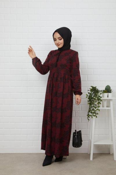 Desenli Kaşmir Elbise Bordo PKL855