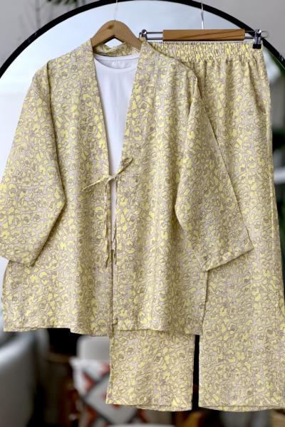Desenli Kimono Takım Sarı UMS50290