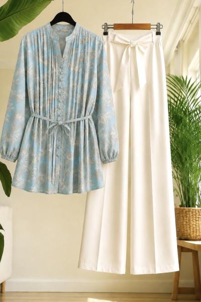 Desenli kuşak detaylı Tunik Mint UMS50273