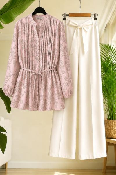 Desenli kuşak detaylı Tunik Pembe UMS50273