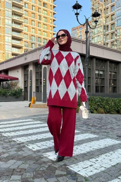 Desenli Triko Takım Bordo TCN40129