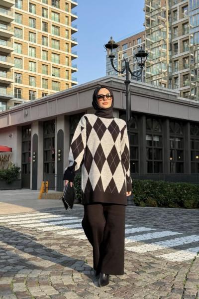 Desenli Triko Takım acıkahve  TCN40129