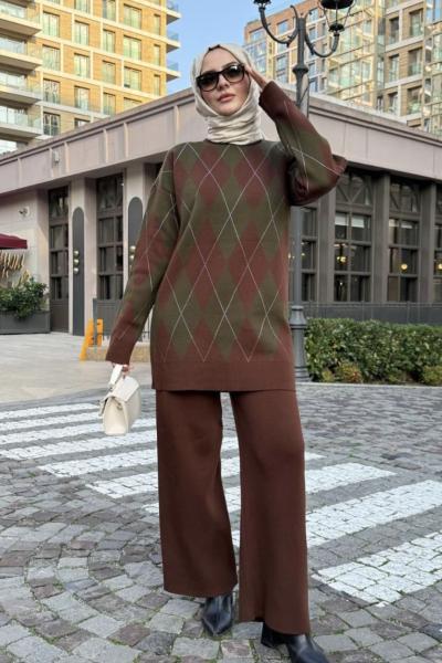 Desenli Triko Takım  yeşilkahve   TCN40129