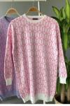 Desenli Triko Tunik beyaz pembe TCN1236