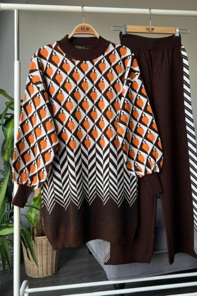 Desenli triko takım  kahveTCN4027