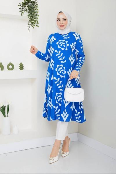 Desenli Uzun Tunik Saks NEW30295