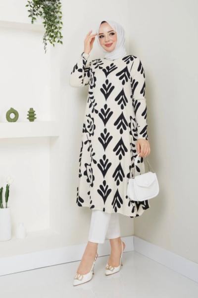 Desenli Uzun Tunik Ekru NEW30295