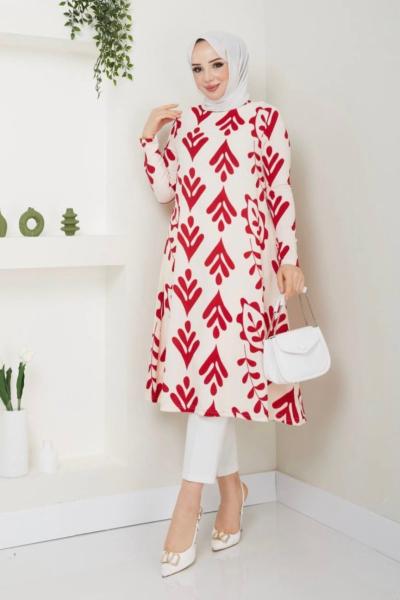 Desenli Uzun Tunik fuşya NEW30295