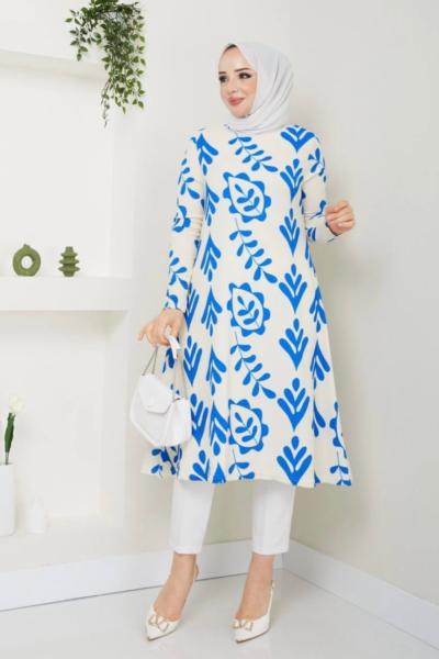 Desenli Uzun Tunik Mavi NEW30295