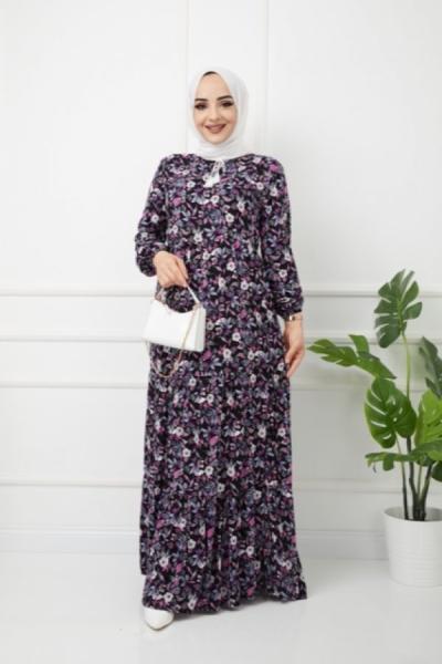 Desenli Viskon Kumaş Elbise Siyah HBS1150