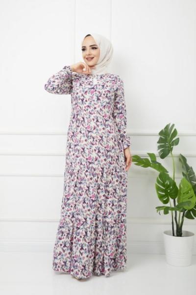 Desenli Viskon Kumaş Elbise Lila HBS1150