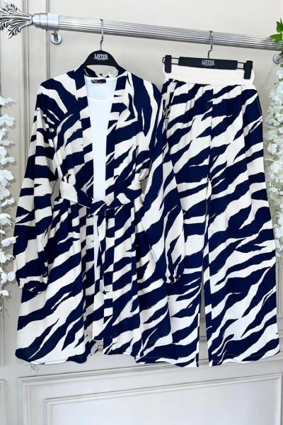 Desenli Viskon Kumaş Kimono Takım Lacivert UMS50193