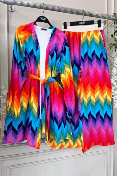 Desenli viskon Kumaş Kimono Takım Fuşya UMS50200