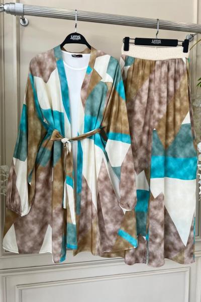 Desenli viskon Kumaş Kimono Takım Mavi UMS50200