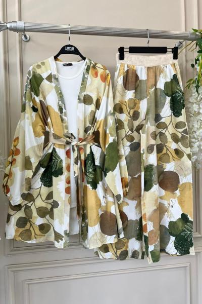 Desenli viskon Kumaş Kimono Takım yaprak desen bej UMS50200