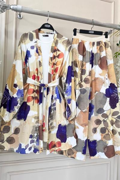 Desenli viskon Kumaş Kimono Takım yaprak desen Bej-mavıUMS50200