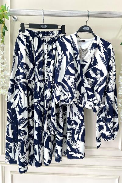 Dijital Baskı Etekli viskon Takım Lacivert UMS50247