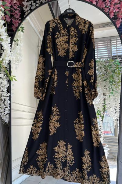 Dijital Baskı kemerli Boydan düğmeli Elbise Siyah UMS50248