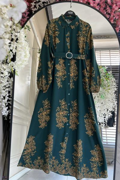 Dijital Baskı kemerli Boydan düğmeli Elbise Yeşil  UMS50248