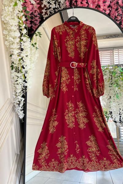 Dijital Baskı kemerli Boydan düğmeli Elbise BordoUMS50248