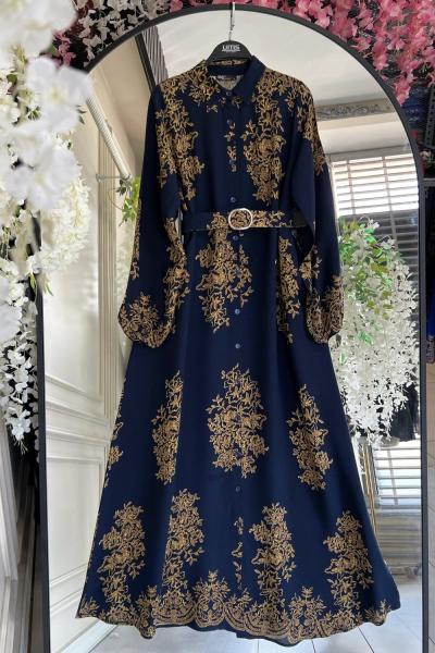 Dijital Baskı kemerli  düğmeli Elbise Lacivert   UMS50248