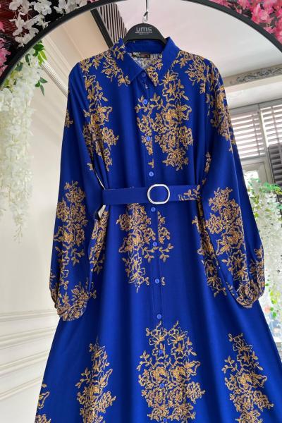 Dijital Baskı kemerli Boydan düğmeli Elbise İndigo  UMS50248