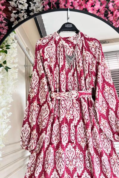 Dijital Baskılı Kemerli Viskon Elbise Bordo UMS50254