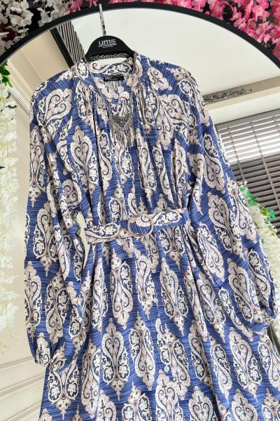 Dijital Baskılı Kemerli Viskon Elbise Mavi UMS50254