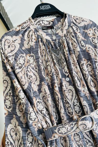 Dijital Baskılı Kemerli Viskon Elbise Gri  UMS50254