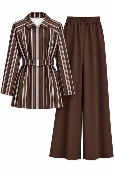 Dijital Baskılı Scuba  Dalgıç Kumaş Tunik Pantolon Takım Kahve UMS50391