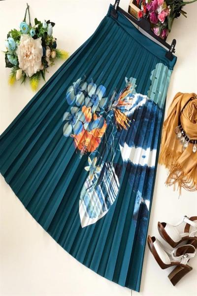 Dijital Baskı Piliseli ÇiçekDesen  Etek Petrolyeşili MKC647