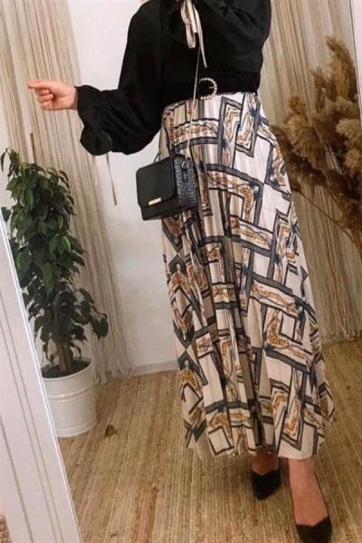 Dijital Baskı Piliseli Geometrik Etek Ekru MKC647