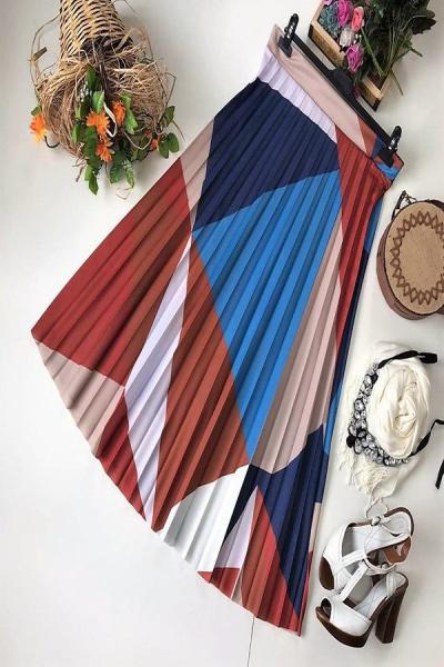 Dijital Baskı Piliseli Geometrik Desen Etek Tarçın MKC647